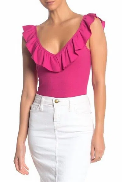 Socialite Rib Ruffle Sleeveless V Neck Bodysuit In Pink In Pink
