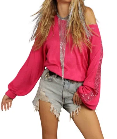 Vision Jenicka Sequined Trimmed Waffle Knit Top In Fuchsia In Pink