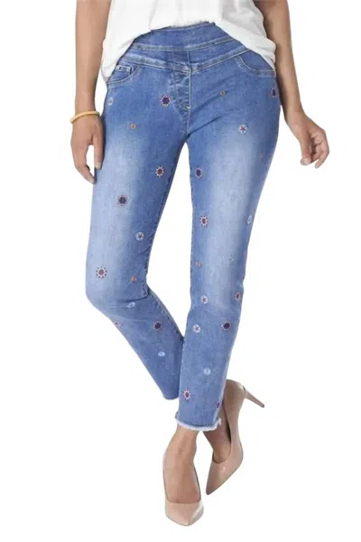 Coco + Carmen Asra Tummy Control Embroidered Denim Capris In Medium Wash In Multi