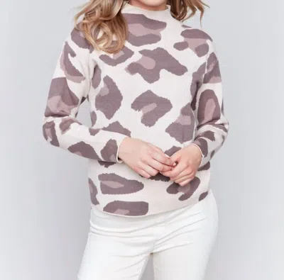 Charlie B Animal Print Jacquard Mock Neck Sweater - Almond In Natural In White