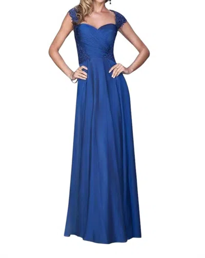 La Femme Lace Ornate Ruched Gown In Marine Blue In Blue