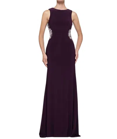Rina Di Montella Bejeweled Bateau Jersey Sheath Dress In Aubergine In Purple