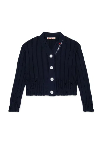 Marni Blue Cardigan With Distressed Effect And Embroidered Logo On The Front In Cotton Girls In Blue
