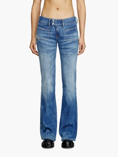 Diesel D-hush Partially Organic Cotton Flared Jeans With Back Logo Patch In Blue