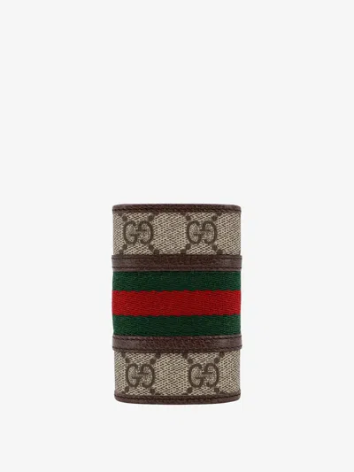 Gucci Gg Supreme Fabric And Leather Key Ring In Brown