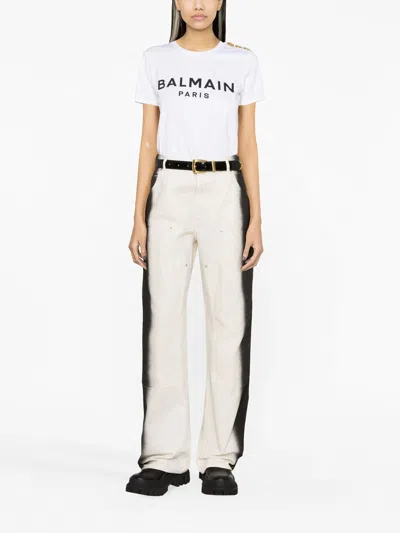 Balmain White Crewneck T-shirt With Logo Print And Golden Buttons In Jersey Woman