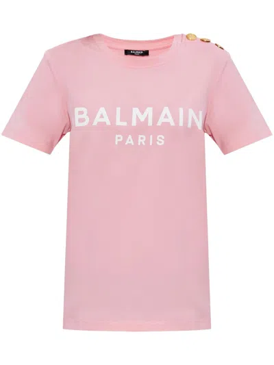 Balmain White Crewneck T-shirt With Logo Print And Golden Buttons In Jersey Woman