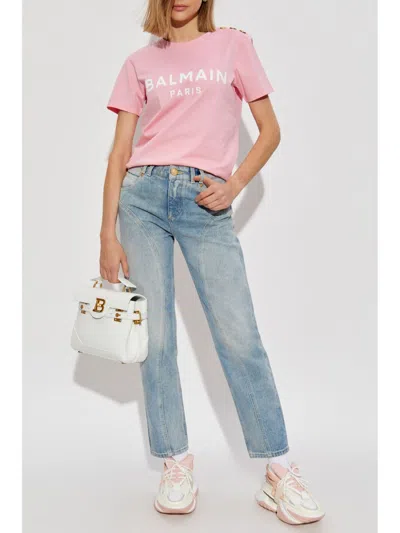 Balmain White Crewneck T-shirt With Logo Print And Golden Buttons In Jersey Woman