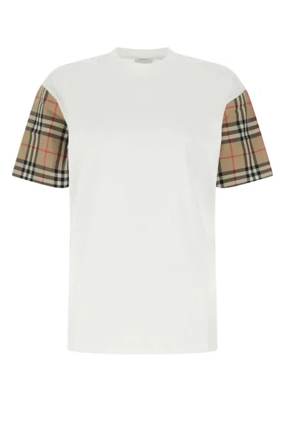 Burberry White T-shirt With Vintage Check Motif On The Sleeves In Cotton Woman
