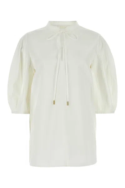 Chloé Cotton Keyhole Puff Sleeve Tie Neck Top