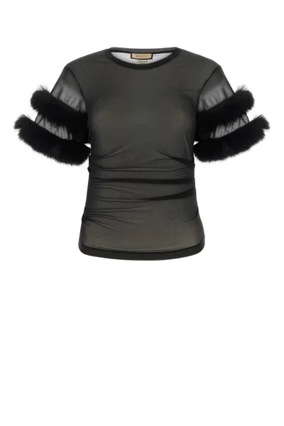 Gucci Sleeved Crewneck With Fur Trim And Ruched Detailing