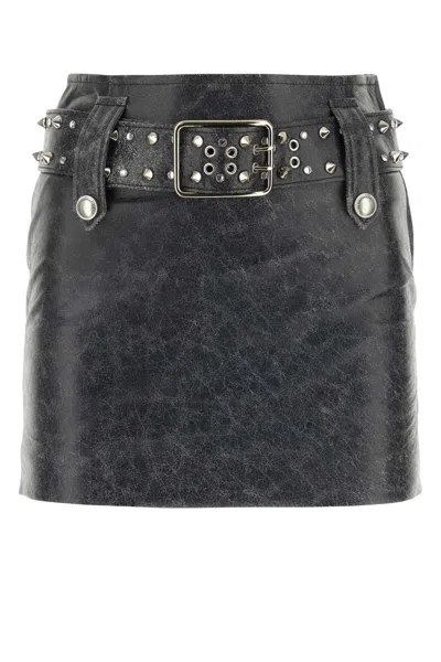 Alessandra Rich Leather Mini Skirt With Belt And Appliques In Gray