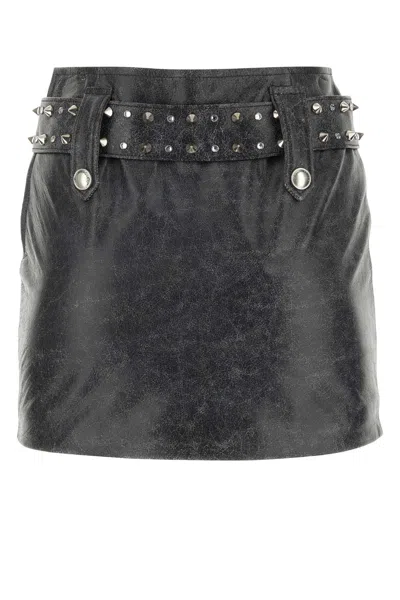 Alessandra Rich Leather Mini Skirt With Belt And Appliques In Gray
