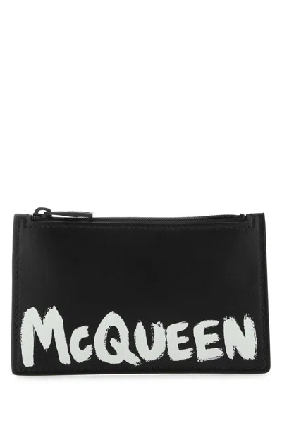 Alexander Mcqueen Black Leather Zipped Card Holder With Logo