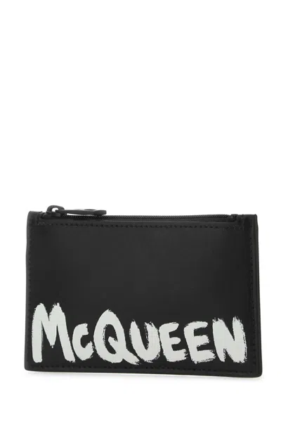 Alexander Mcqueen Black Leather Zipped Card Holder With Logo