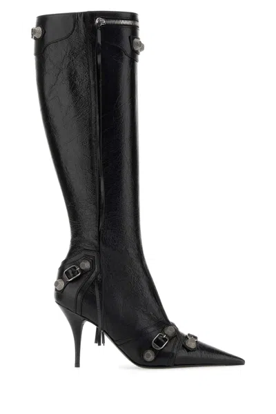 Balenciaga Cagole White Pointed High-boots With Studs And Buckles In Leather Woman In Black