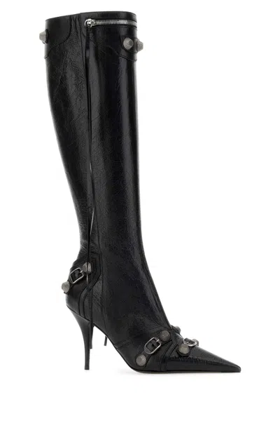 Balenciaga Cagole White Pointed High-boots With Studs And Buckles In Leather Woman In Black