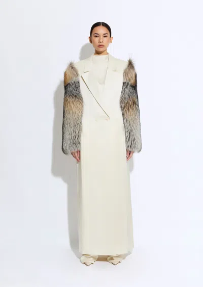 Lapointe Satin Double Breasted Coat With Fur In Cream