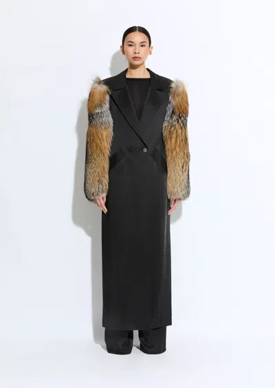 Lapointe Satin Double Breasted Coat With Fur In Black