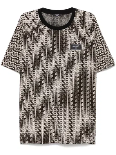 Balmain Grey T-shirt With Logo Applied On The Chest And All-over Labyrinth Motif In Cotton Man