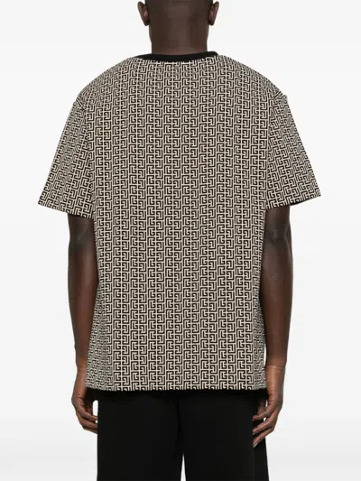 Balmain Grey T-shirt With Logo Applied On The Chest And All-over Labyrinth Motif In Cotton Man