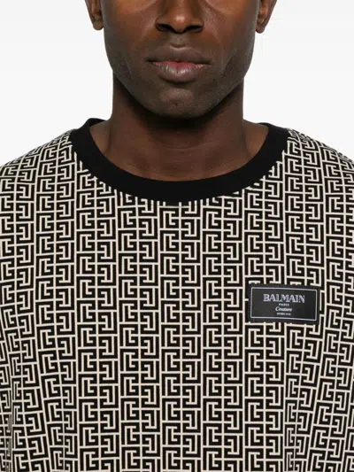 Balmain Grey T-shirt With Logo Applied On The Chest And All-over Labyrinth Motif In Cotton Man