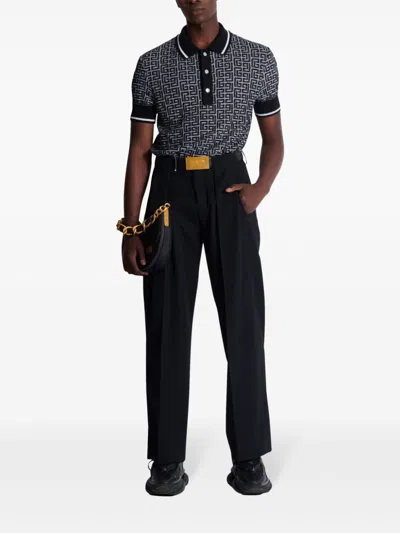 Balmain Monogram Jacquard Merino Wool Polo Sweater
