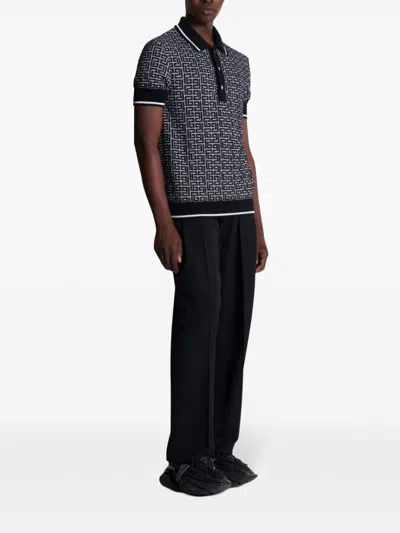 Balmain Monogram Jacquard Merino Wool Polo Sweater