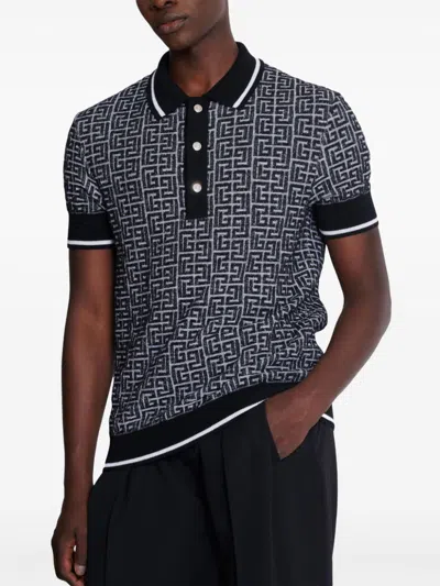 Balmain Monogram Jacquard Merino Wool Polo Sweater