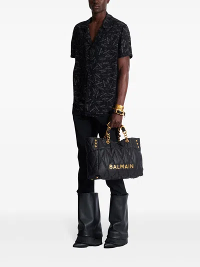 Balmain Black Shirt With Notched Collar And All-over Logo Print