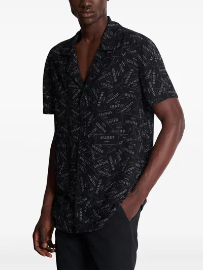Balmain Black Shirt With Notched Collar And All-over Logo Print