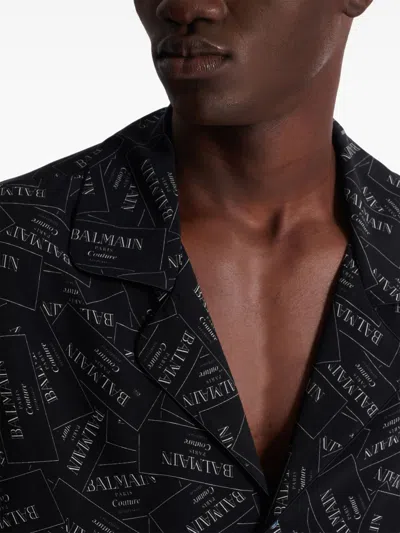 Balmain Black Shirt With Notched Collar And All-over Logo Print