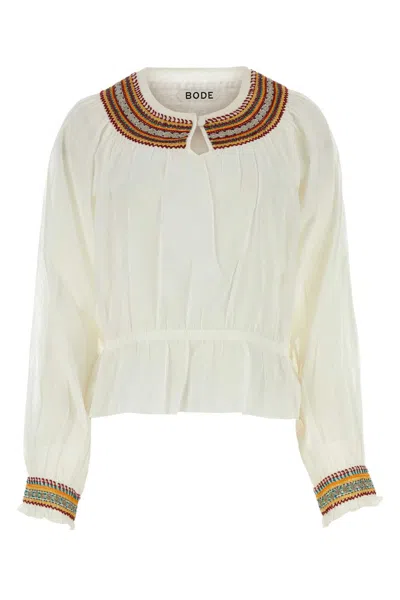 Bode Cotton Blouse With Embroidered Neckline And Gathered Cuffs