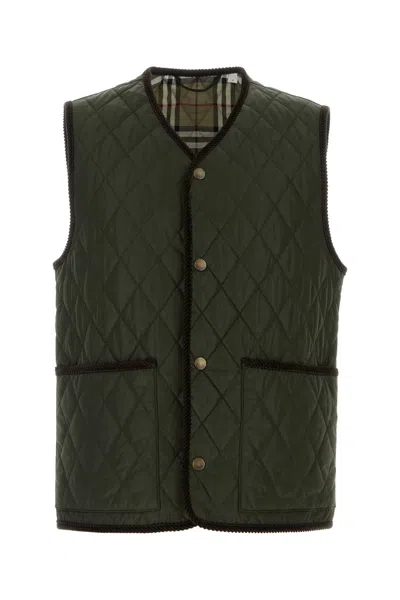 Burberry Quilted Green Gilet With Distinctive Button Closure