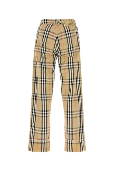 Burberry Beige Pants With Ekd Embroidery On The Rear And Check Motif All-over In Tech Fabric Man