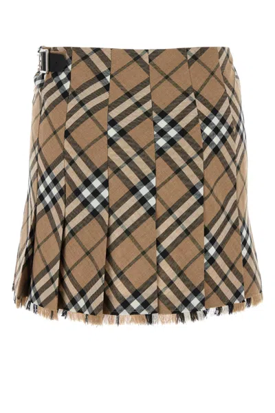 Burberry Womens Nut Ip Check Check-print Fringed Woven Mini Skirt