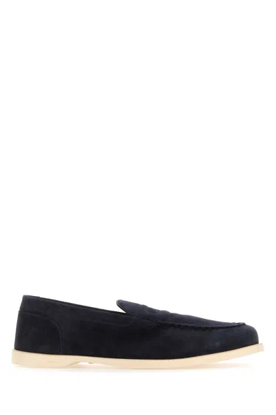 John Lobb Navy Blue Suede Pace Loafers