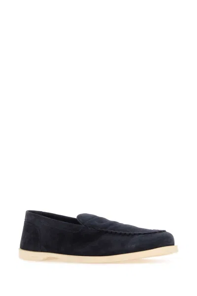 John Lobb Navy Blue Suede Pace Loafers