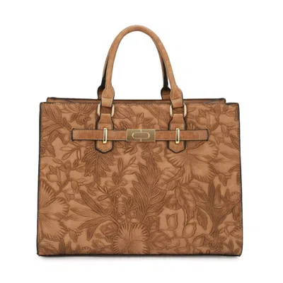 Kayla + Ava Hibiscus Floral Embossed Tote W/shoulder Strap In Brown In Brown