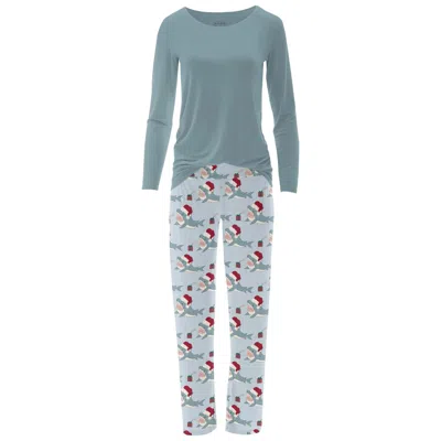 Kickee Women's Long Sleeve Tee & Pajama Pants Set In Illusion Blue Holiday Sharks In Multi
