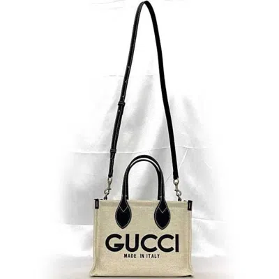 Pre-owned Gucci Beige Navy Canvas Leather Handbag Shoulder Bag Tote Bag () In Beige, Navy