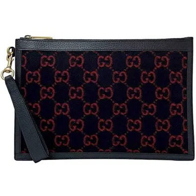 Pre-owned Gucci Navy Red Color Wool Leather Clutch Bag Handbag () In Navy, Red Color