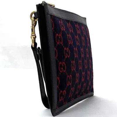 Pre-owned Gucci Navy Red Color Wool Leather Clutch Bag Handbag () In Navy, Red Color