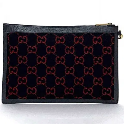 Pre-owned Gucci Navy Red Color Wool Leather Clutch Bag Handbag () In Navy, Red Color