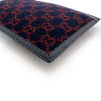 Pre-owned Gucci Navy Red Color Wool Leather Clutch Bag Handbag () In Navy, Red Color