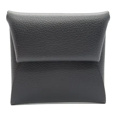 Pre-owned Hermes Black Blue Nuit Evercalf Leather Leather Coin Purse/coin Case () In Black, Blue Nuit
