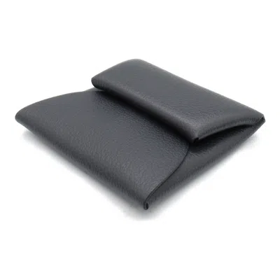 Pre-owned Hermes Black Blue Nuit Evercalf Leather Leather Coin Purse/coin Case () In Black, Blue Nuit
