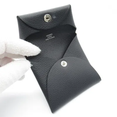 Pre-owned Hermes Black Blue Nuit Evercalf Leather Leather Coin Purse/coin Case () In Black, Blue Nuit