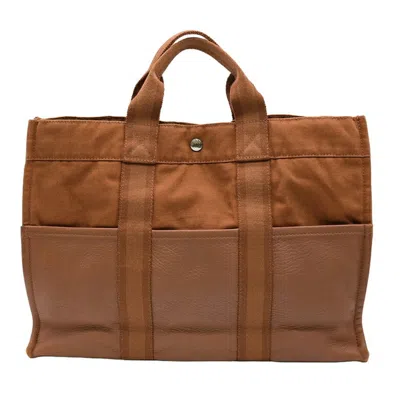 Pre-owned Hermes Brown Canvas Leather Handbag Tote Bag ()