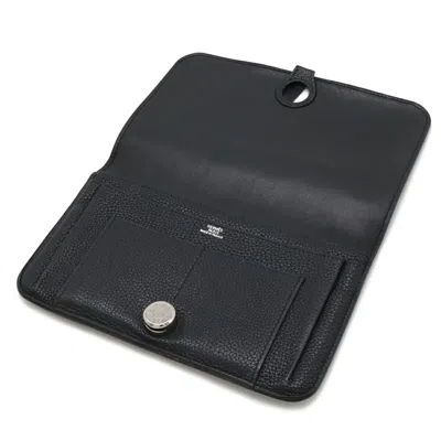 Pre-owned Hermes Dogon Duo Black Leather Long Wallet (bi-fold) ()